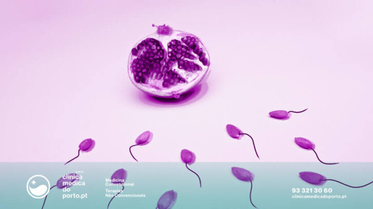 Imagem contendo conceito de Fertilidade e Fecundação. Romã simbolizando o aparelho reprodutor feminino e espermatozóides. Tratamentos de Fertilidade na Clínica Médica do Porto. Sinais, Sintomas e Tratamento da Infertilidade. Técnicas para melhorar a probabilidade de engravidar.