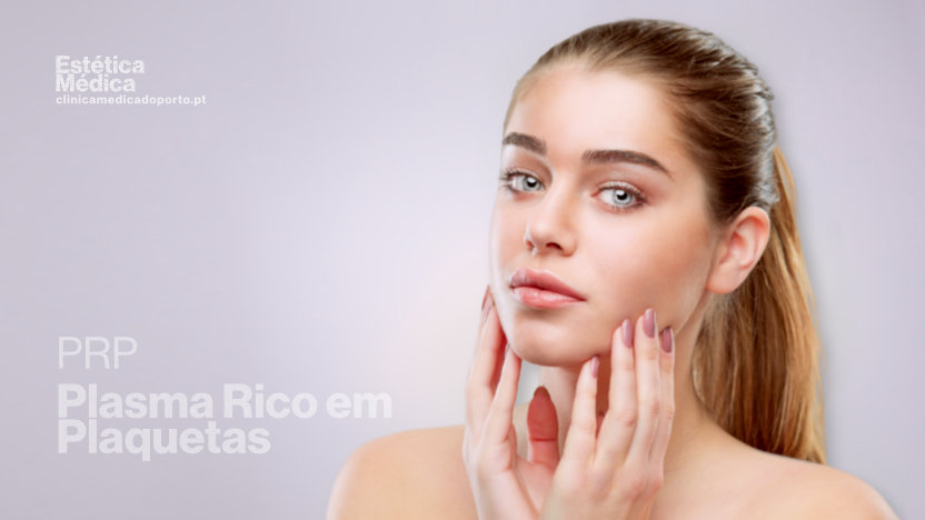 Uma mulher com as mãos no rosto com as mãos, transmitindo emoção, com a frase “prp plasma rico em plaquetas” na imagem